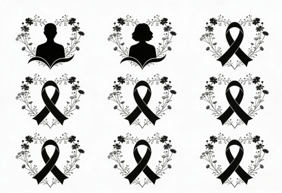 Black Ribbon Heart Floral SVG Memorial