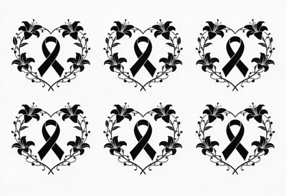 Black Ribbon Heart Lily Floral SVG Cut